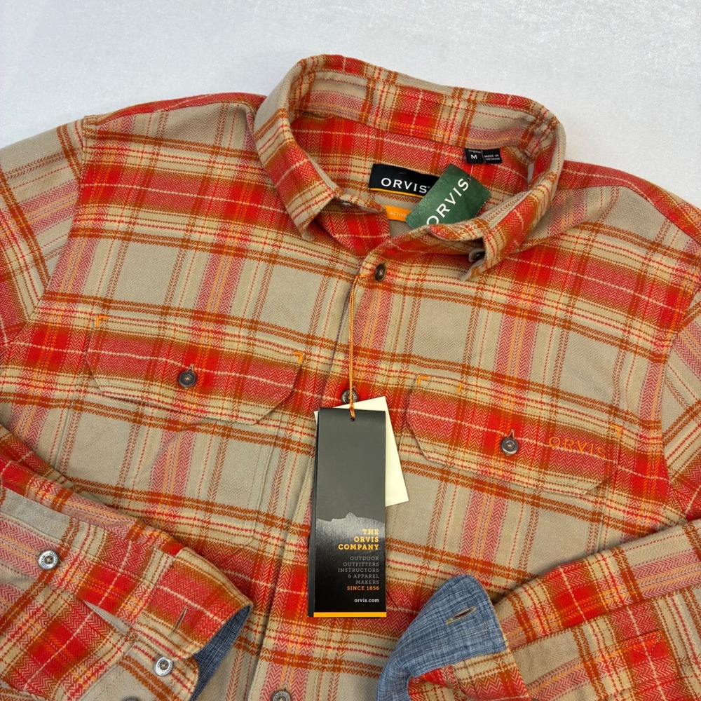 Orvis Mountain Tech Flannel Mens M Bourbon Orange Plaid Active Fit NWT Stretch